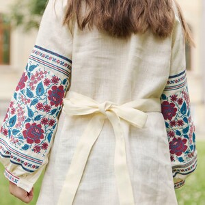 Girls Folk Inspired Embroidered Dress, Linen Children Dress with Floral Ornament, Symbolic Ethnic Style Outfit