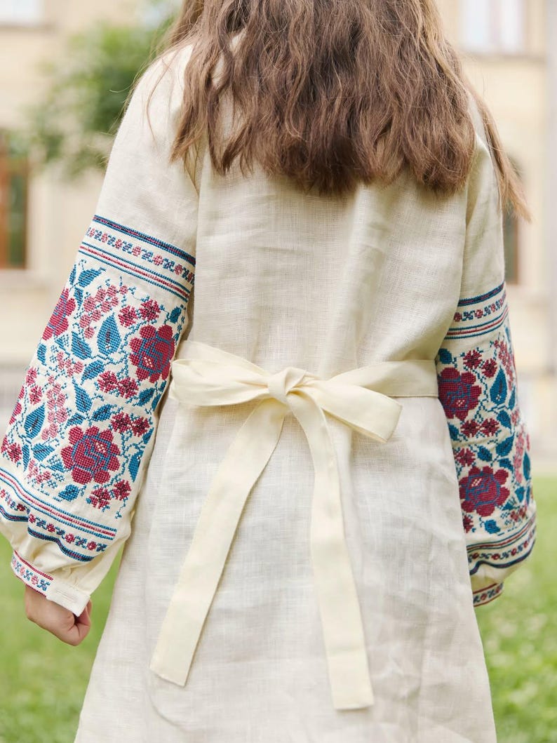 Girls Folk Inspired Embroidered Dress, Linen Children Dress with Floral Ornament, Symbolic Ethnic Style Outfit