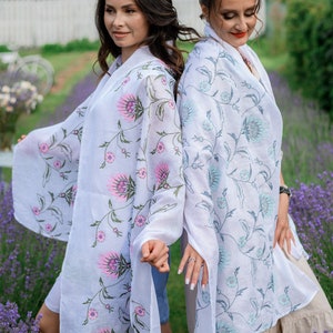 Floral Linen Shawl with Pink Thistle Embroidery – White Botanical Scarf for Women, Summer Wrap, Folk Style Gift