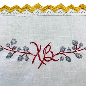 Embroidered Easter Basket Cover, White Linen Cloth with Chick and Easter Eggs, Spring Holiday Bread Basket Liner with Lace Trim