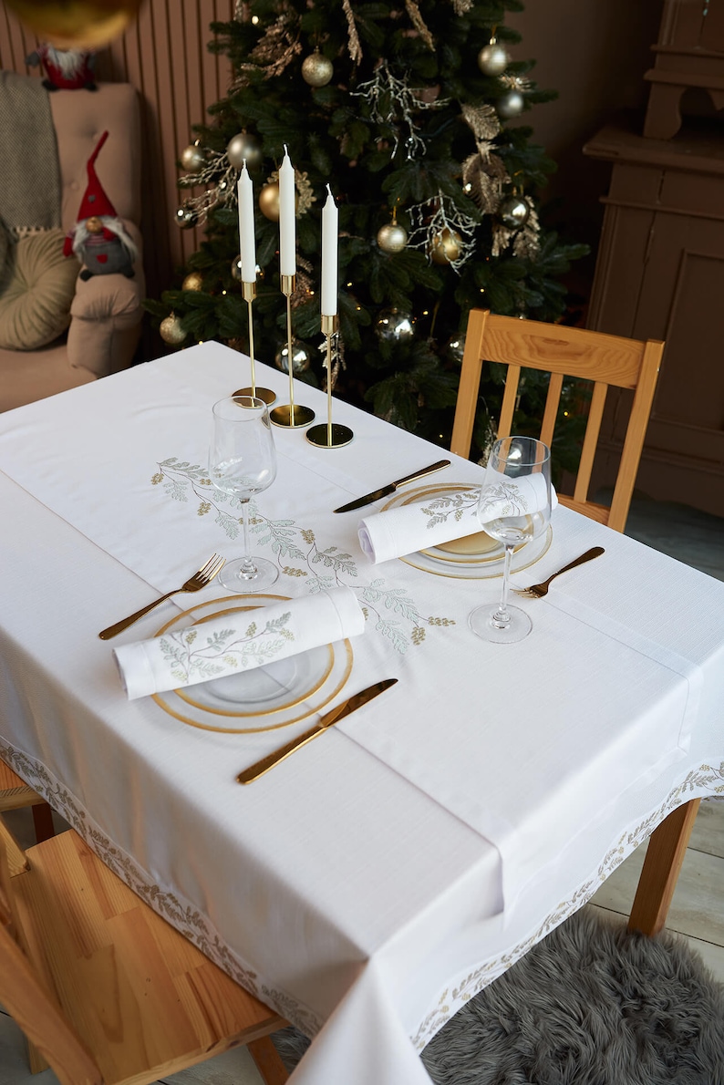 Christmas Cloth Napkins, Embroidered napkins, Set of 6 Large dinner napkins, Table napkins, Wedding napkins, White Silver Gold napkins image 4
