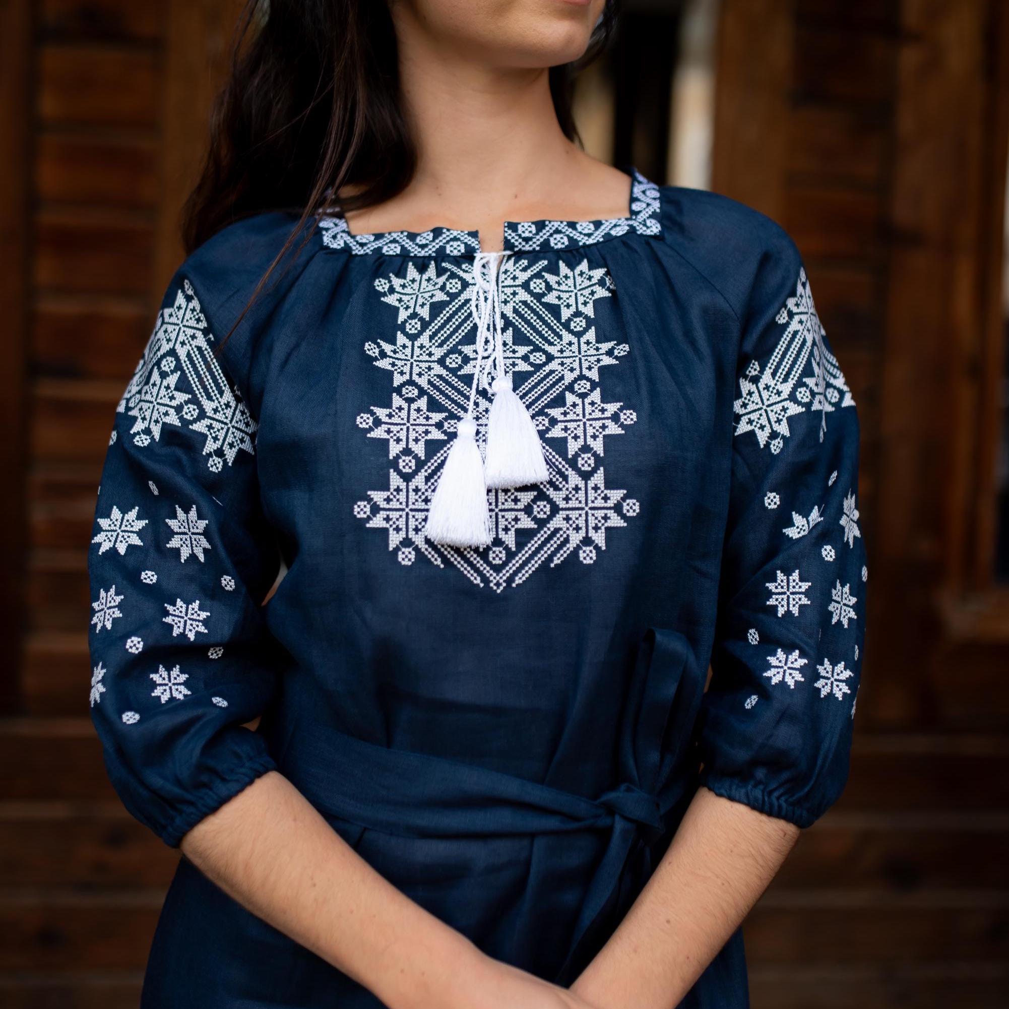 blue dress with white embroidery Linen Embroidery, Dress Vyshyvanka, Handmade Clothing, Dress With Pockets, Ukraine Ornament, 3/4 Sleeve Dress Black MOB Dresses | Back to basics Color:Lapis Blue so you’ll stay comfortable