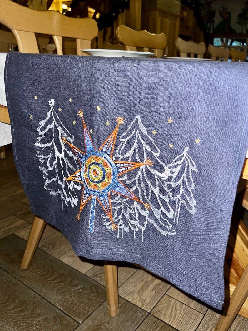 Embroidered linen Christmas table runner