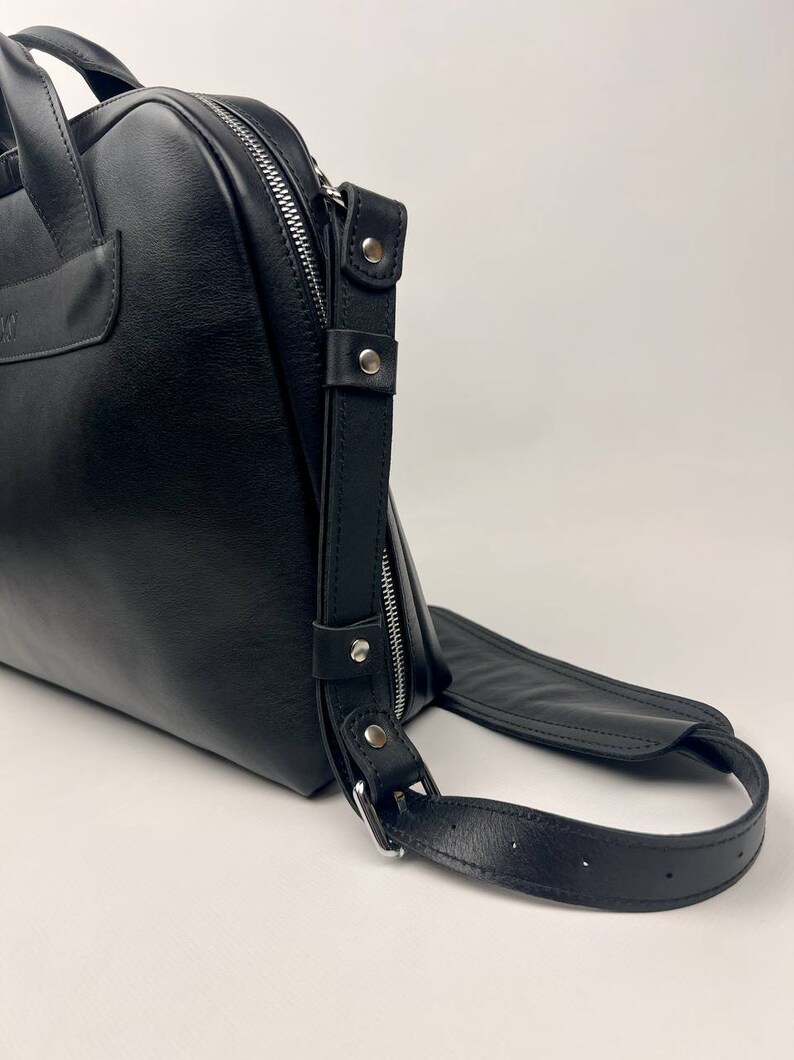 Handmade Black Leather Weekender / Work Bag – Wide-Mouth Zip, Removable Shoulder Strap, Minimalist Travel Duffel, Gift for Him