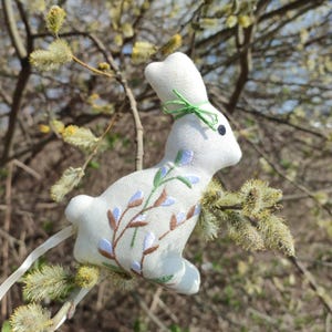 Handmade linen Easter bunny ornament with willow embroidery