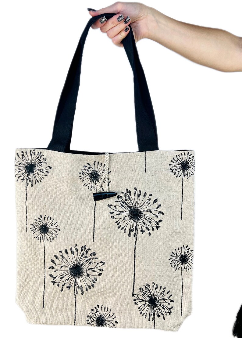 Linen embroidered tote bag with dandelion design, Handmade eco shoulder bag, Floral market tote, Reusable fabric handbag gift