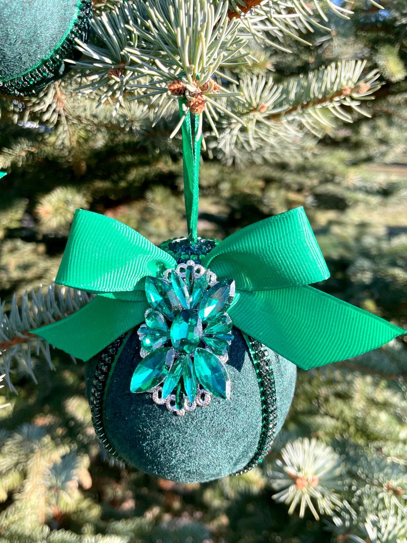 Set of green handmade Christmas tree decorations