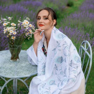 White Linen Shawl with Thistle Floral Embroidery, Lightweight Handmade Scarf, Botanical Wrap, Folk Style Linen Scarf for Women