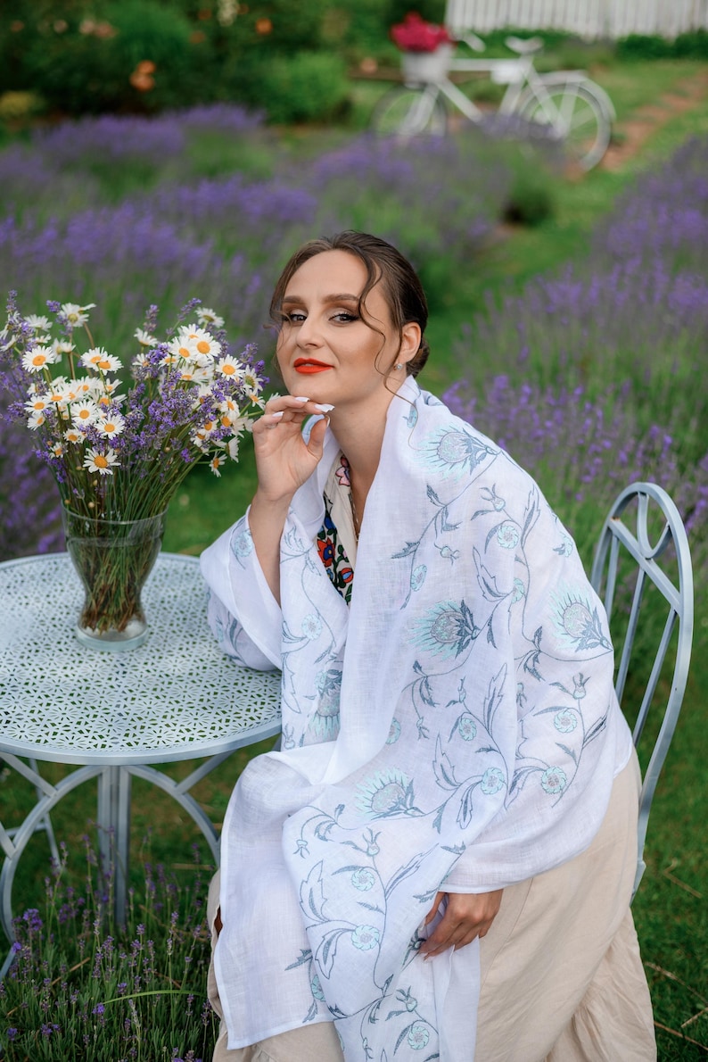 White Linen Shawl with Thistle Floral Embroidery, Lightweight Handmade Scarf, Botanical Wrap, Folk Style Linen Scarf for Women