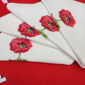 Set of embroidered linen napkins, Embroidered Poppies, Linen sugar bowl, Floral napkins, Size 40*40 cm, Botanical napkins set, White fabric image 5