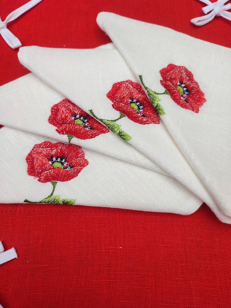 Set of embroidered linen napkins, Embroidered Poppies, Linen sugar bowl, Floral napkins, Size 40*40 cm, Botanical napkins set, White fabric image 5