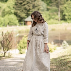 Linen Embroidered Dress for Women, Natural Linen Midi Dress with Floral Embroidery, Rustic Boho Linen Dress, Minimalist Cottagecore Dress