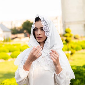 White hooded chapel veil with scalloped lace trim, Catholic prayer hood for mass and worship, Modest church head covering for women