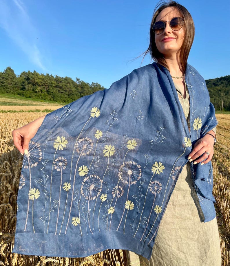 Blue linen scarf with yellow floral embroidery for women, Lightweight nature inspired shawl or head covering for spring and summer wear