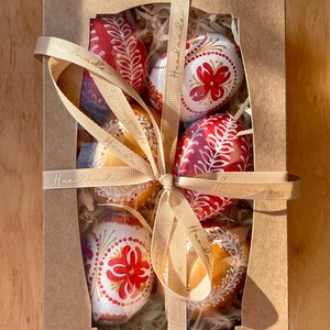 Set of 6 hand painted Easter eggs, Red gold white Ukrainian pysanky, Style decorative eggs, Gift box, Spring holiday ornament