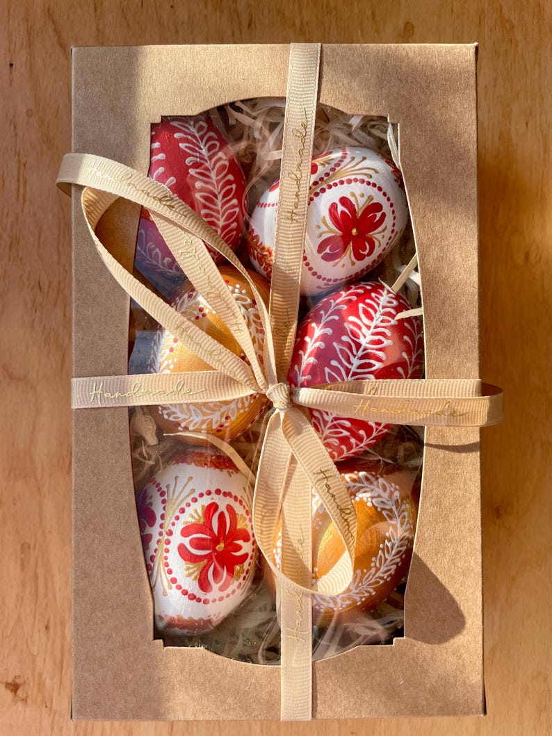 Set of 6 hand painted Easter eggs, Red gold white Ukrainian pysanky, Style decorative eggs, Gift box, Spring holiday ornament