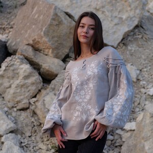 Gray linen embroidered blouse