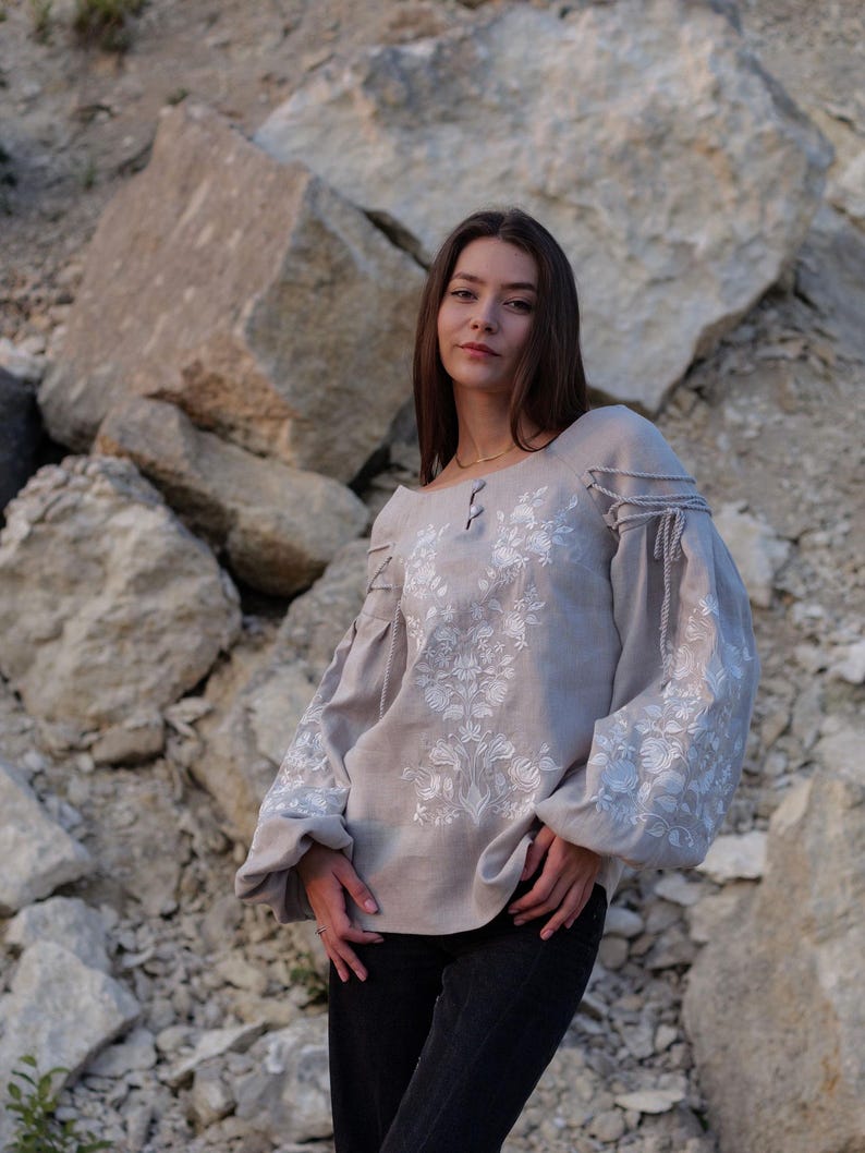Gray linen embroidered blouse