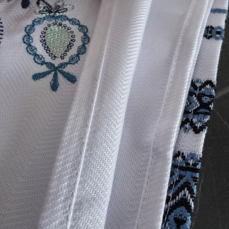 Embroidered towel with folk bird motif, White ukraine hand towel with blue ornament