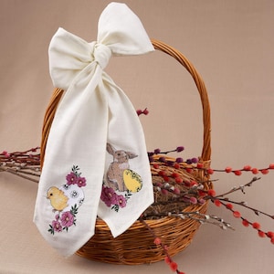 Easter basket linen bow with embroidered bunny