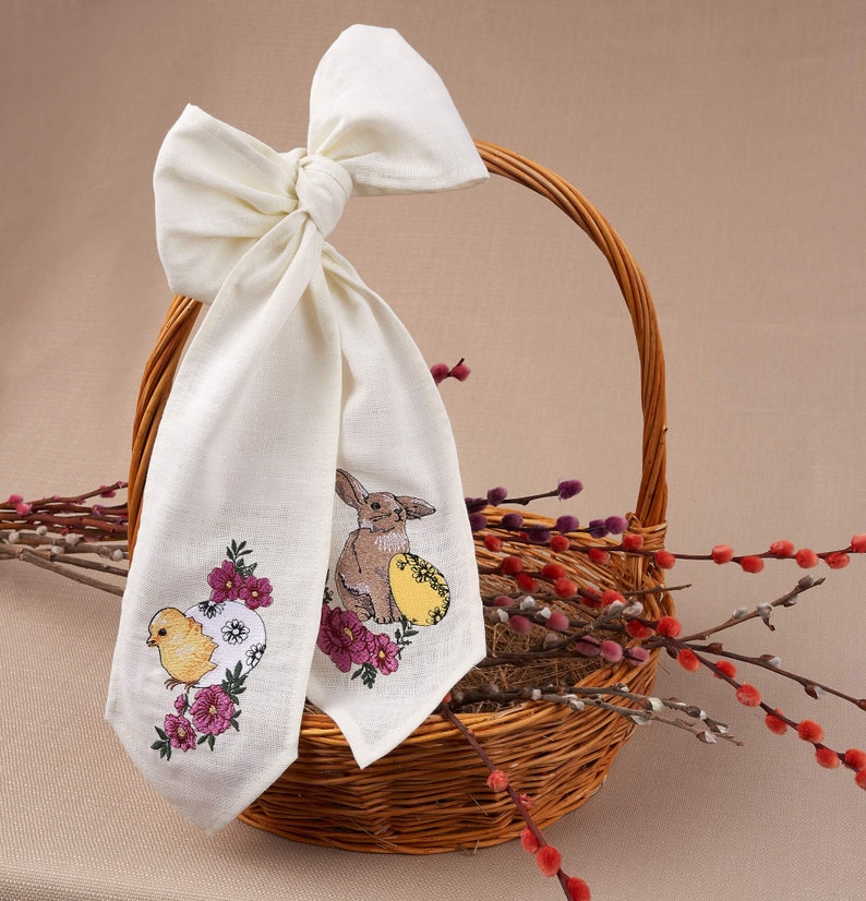 Easter basket linen bow with embroidered bunny