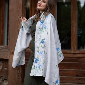 Gray Linen Scarf with Blue Iris Flower Embroidery, Handcrafted Lightweight Wrap, Botanical Floral Shawl, Elegant Boho Nature Inspired Scarf