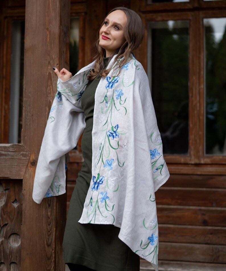 Gray Linen Scarf with Blue Iris Flower Embroidery, Handcrafted Lightweight Wrap, Botanical Floral Shawl, Elegant Boho Nature Inspired Scarf