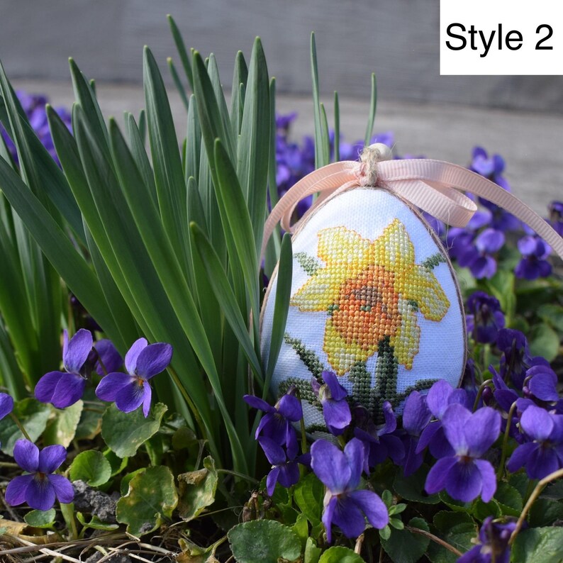 Easter daffodil embroidered hanging egg ornament with cross stitch design