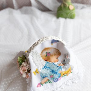 Beaded Angel Easter Basket Cover with Bunny and Birds, Handmade Cloth with Seed Bead Embroidery, Christian Holiday Blessing Decoration