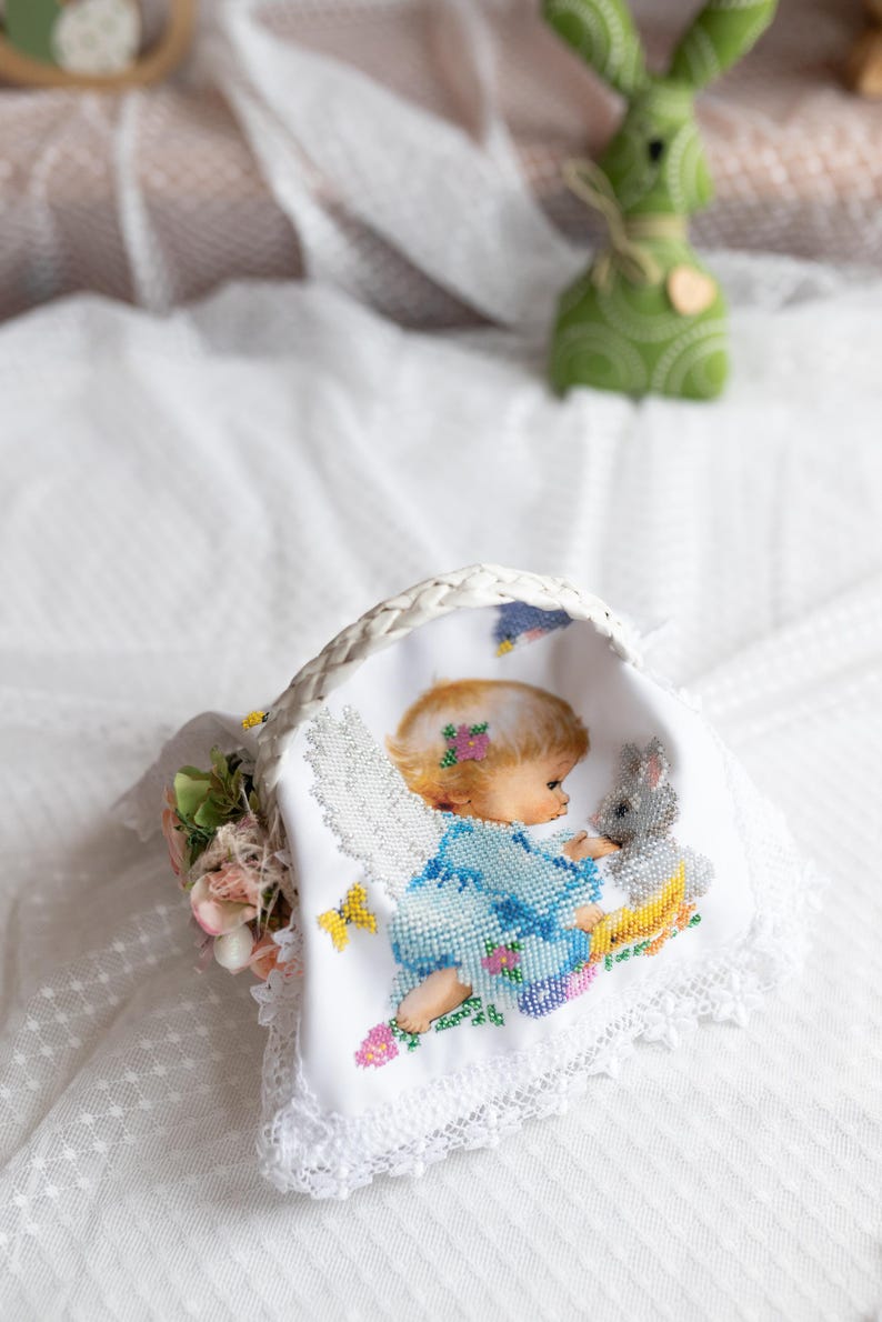 Beaded Angel Easter Basket Cover with Bunny and Birds, Handmade Cloth with Seed Bead Embroidery, Christian Holiday Blessing Decoration