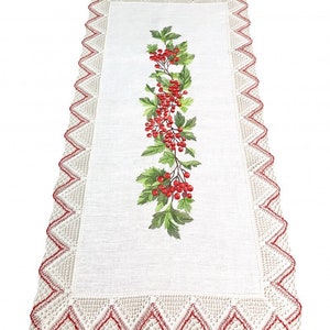Linen Table Runner with Embroidered Red Berries and Crochet Lace