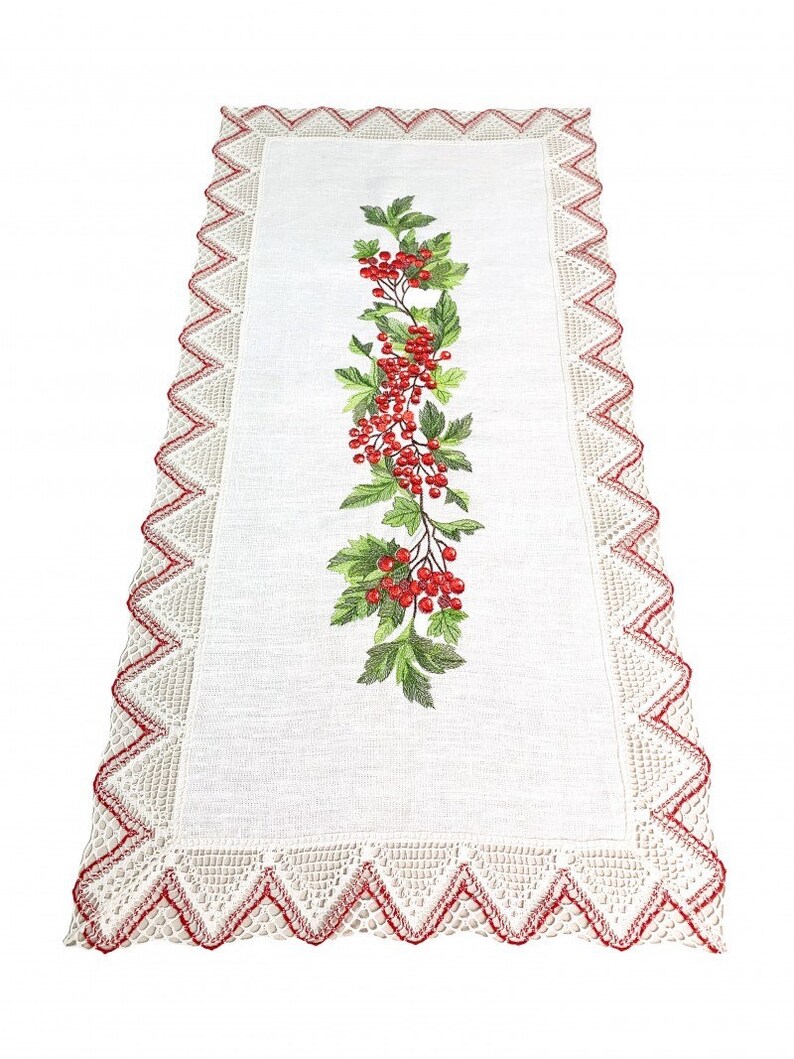 Linen Table Runner with Embroidered Red Berries and Crochet Lace