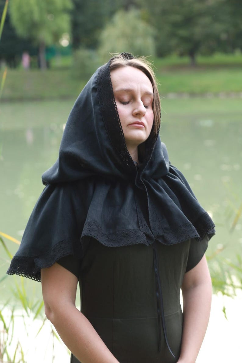 Black linen hooded capelet with lace trim, Victorian cottagecore hood shawl, Modest head covering, Renaissance costume cloak wrap