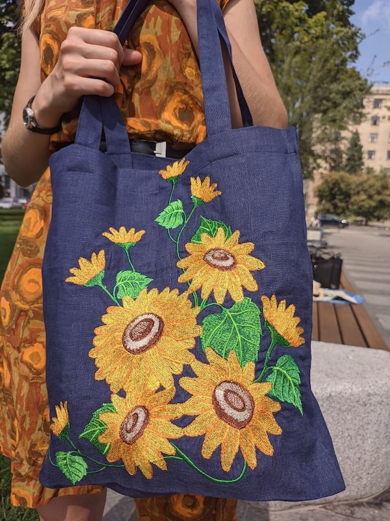 Flower Tote Bag, Embroidery Bag, Floral Linen Bag, Womens Tote Bag