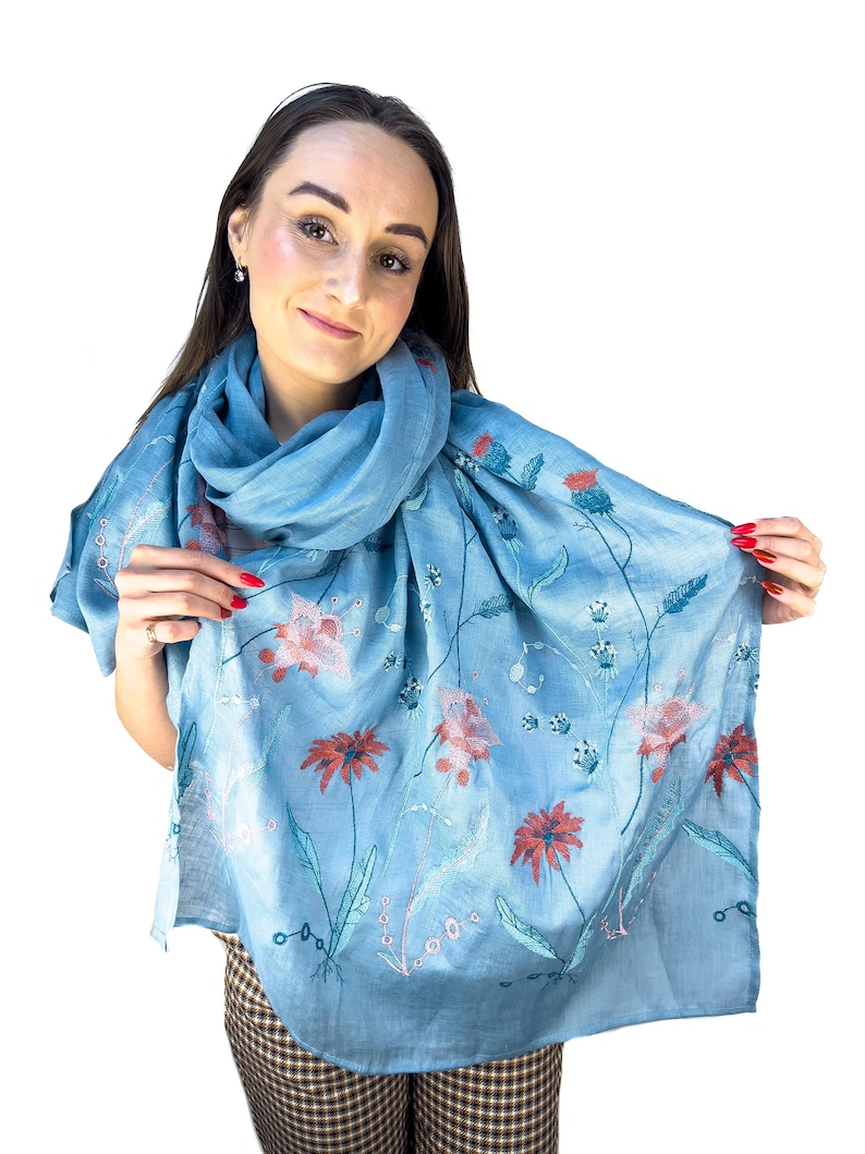 Light blue linen scarf with wildflower embroidery for women