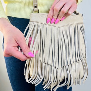 Boho crossbody bag with fringe, Fringe leather purse, Hippie bag, Canvas leather bag with zipper, Mini crossbody bag, Beige handbag image 3