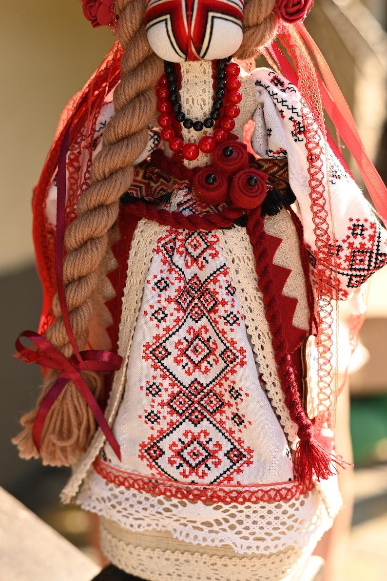 Handmade Ukrainian Motanka doll with embroidered face and traditional wreath, Collectible doll art, Unique decorative gift image 7