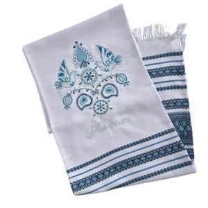 Embroidered towel with folk bird motif, White ukraine hand towel with blue ornament