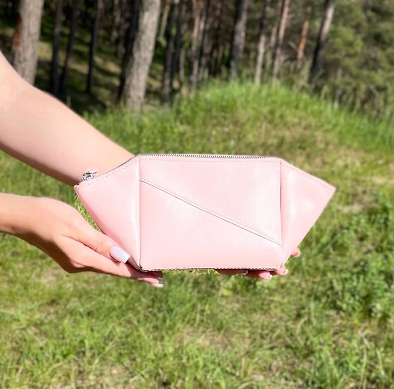 Handmade blush pink leather cosmetic bag