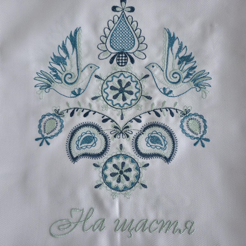 Embroidered towel with folk bird motif, White ukraine hand towel with blue ornament