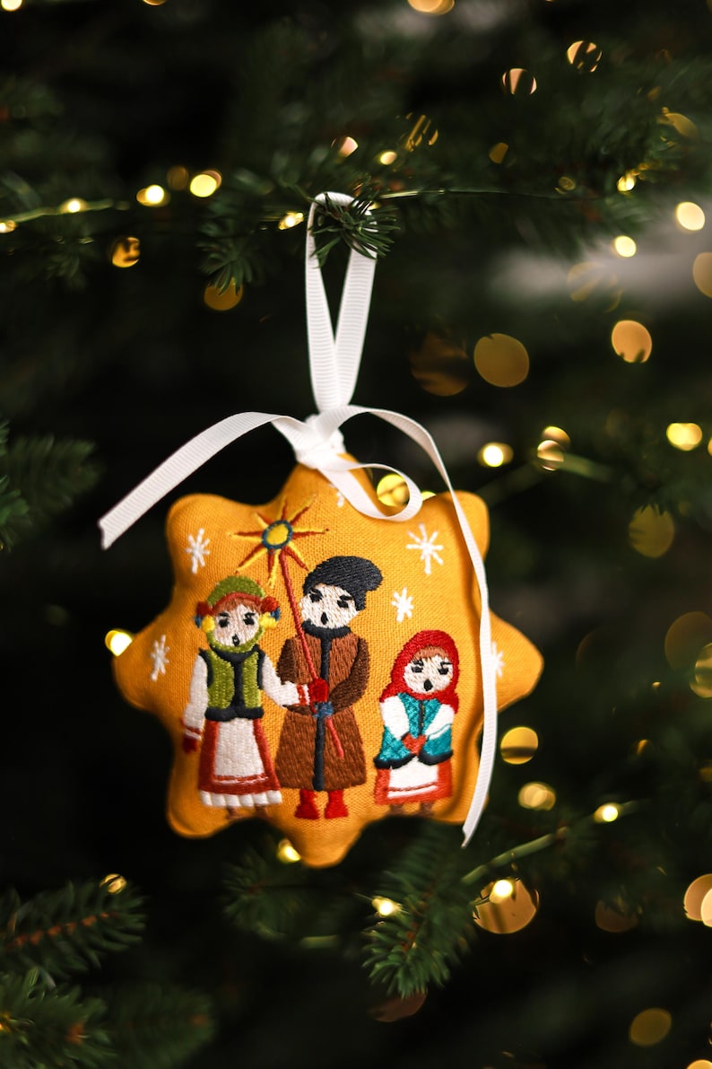 Folk art Christmas ornaments, Traditional Christmas tree ornaments, Embroidered folk Christmas star ornaments, Slavic Christmas decor
