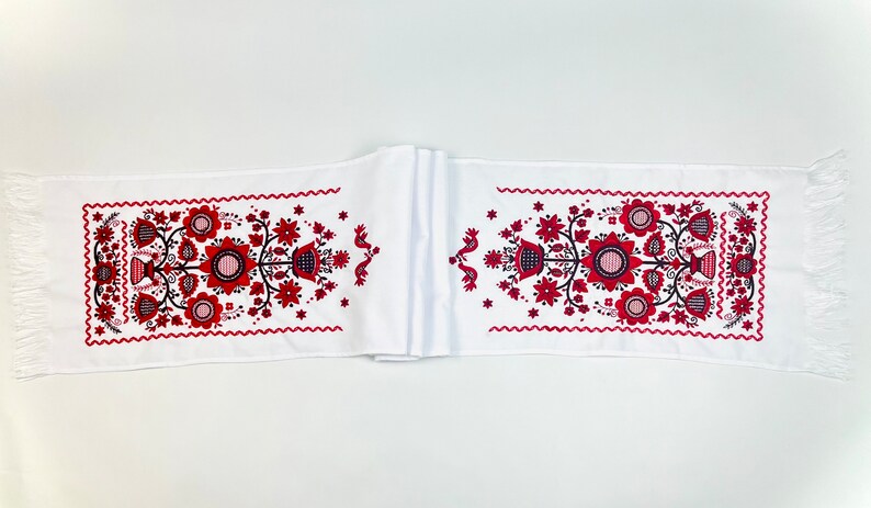 Embroidered red and white Slavic towel
