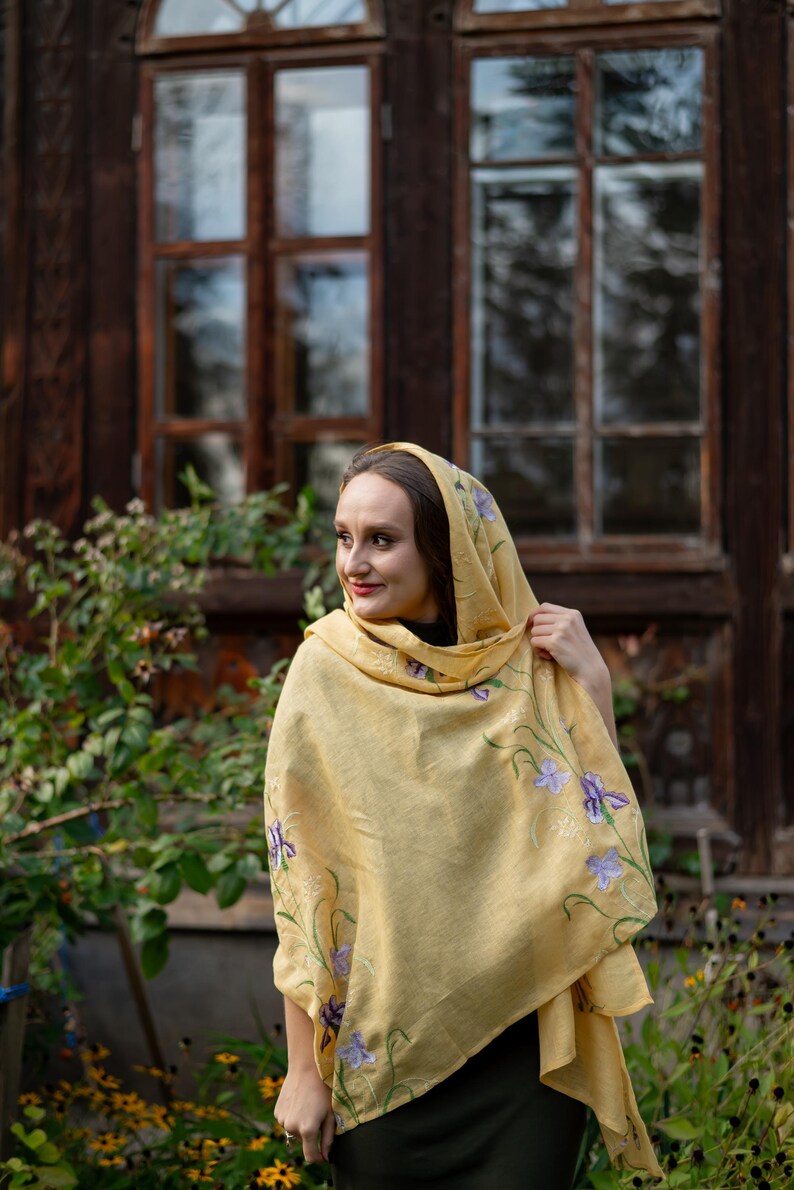 Embroidered linen shawl