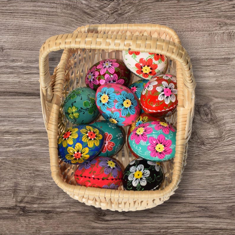 Colorful Hand Painted Egg Decor Set, Folk Art Floral Eggs, Bright Spring Table and Basket Accent