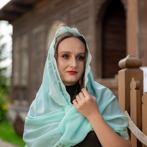 Mint green lace chapel veil