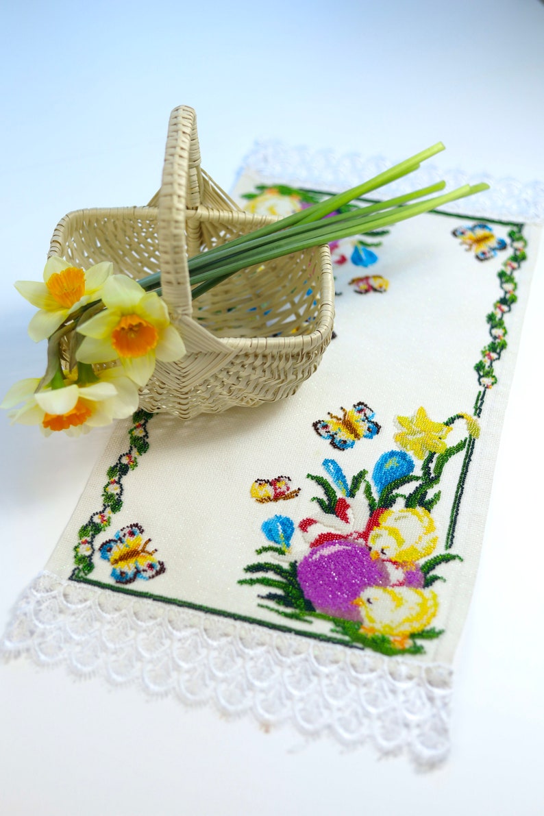 Hand Beaded Spring Basket Cover with Floral and Chick Design, Decorative Linen-Style Basket Liner