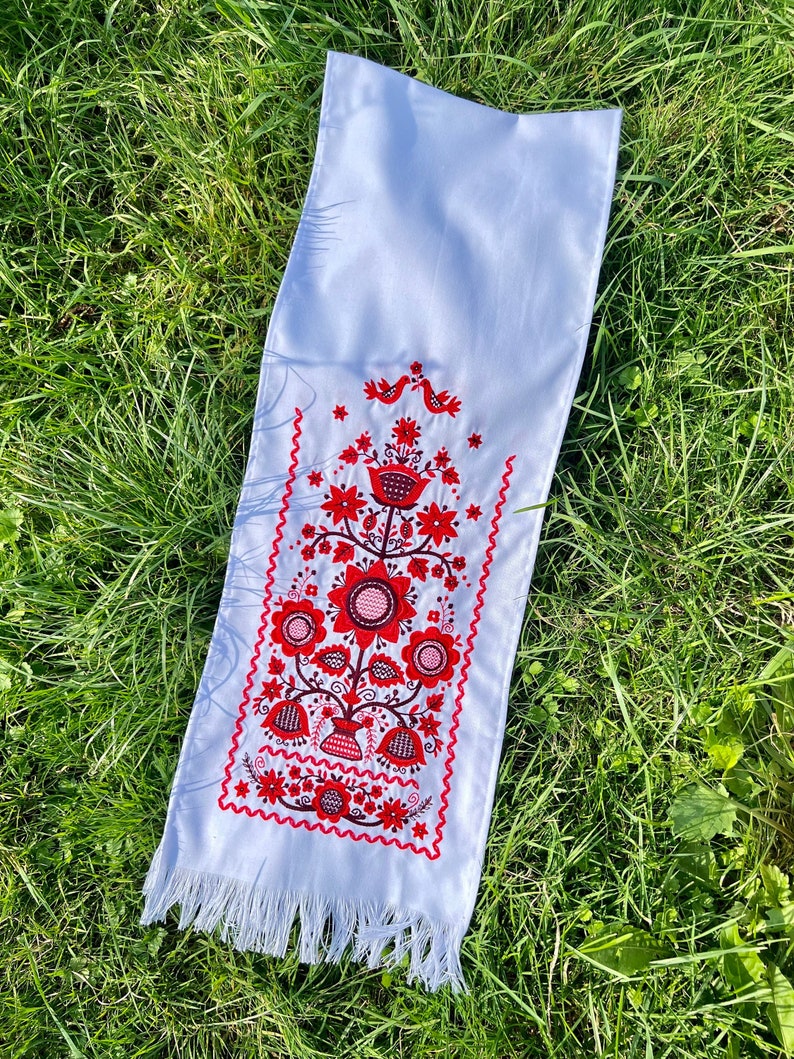 Embroidered red and white Slavic towel