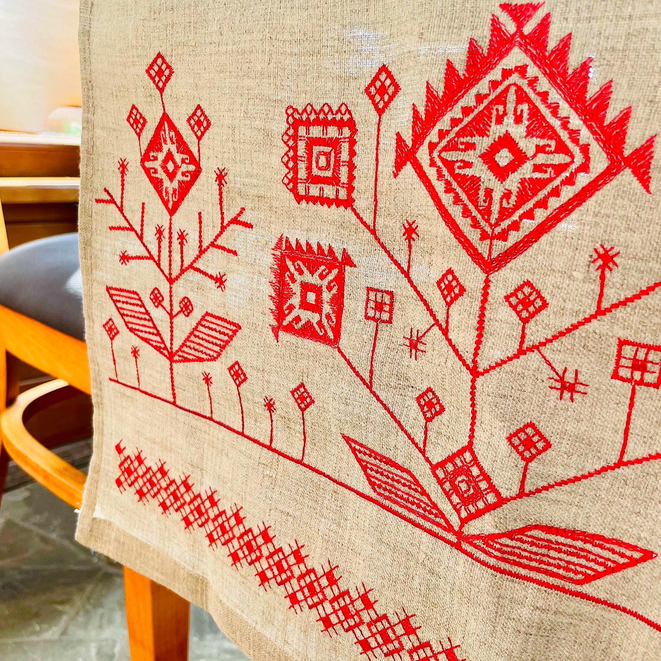 Embroidered Linen Table Runner, Traditional Ukrainian Folk Red Embroidery, Beige Natural Linen Decor