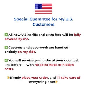 Puede incluir: Imagen con la bandera de EE. UU. y el texto: "Garant&iacute;a especial para mis clientes de EE. UU." El texto promete que los aranceles, las tarifas y las aduanas est&aacute;n cubiertos, y los pedidos llegan sin costes adicionales.