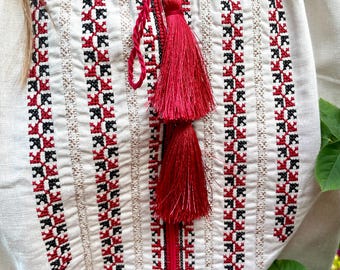 Traditional Romanian peasant blouse for women with red black embroidery – Ethnic handmade style shirt with tassel details